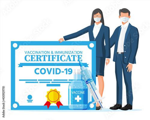 People behind Covid-19 vaccination passport. Vaccinated health document as proof person is immune to disease. Coronavirus immune pass. Corona virus vaccine certification. Flat vector illustration