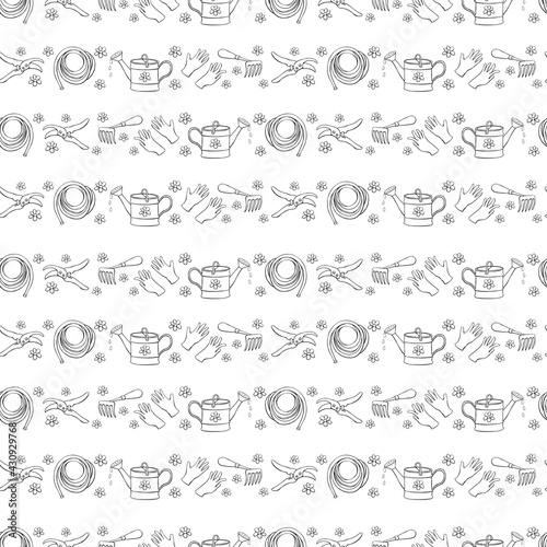 Seamless pattern with outline flowers and garden equipments: watering can, rake, hoe, gloves, pruner, hose for irrigation. Vector backgrounds and textures with tools gardening in doodle style