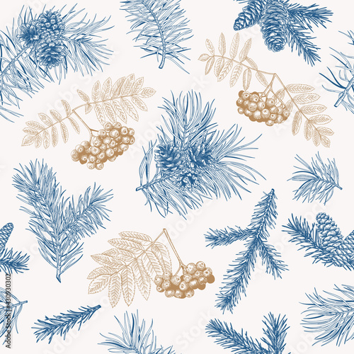 Winter seamless pattern with rowan, pine and spruce branches, cones. Blue and golden.