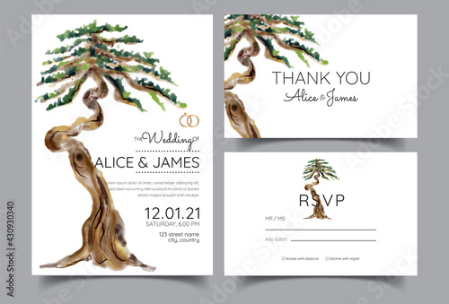 wedding invitations with the theme of bonsai, old trees
