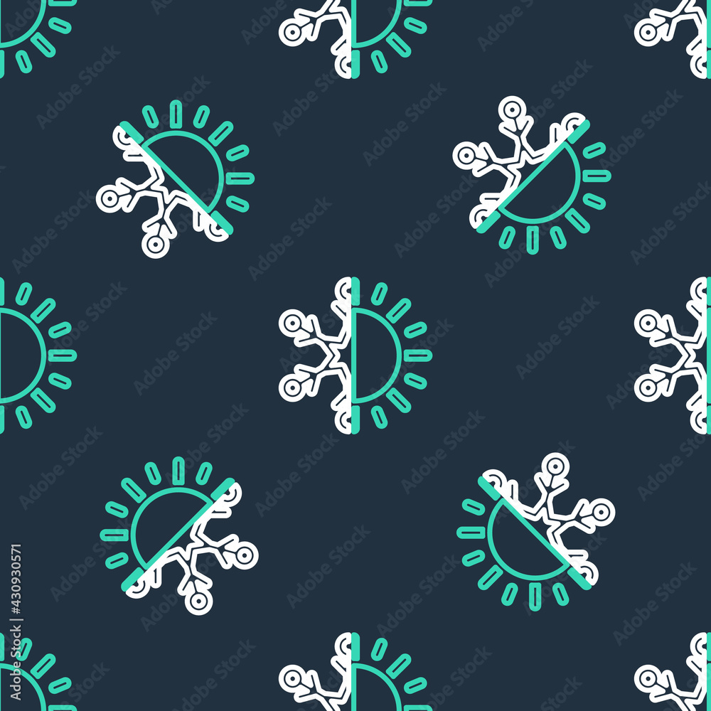 Line Hot and cold symbol. Sun and snowflake icon isolated seamless pattern on black background. Winter and summer symbol. Vector