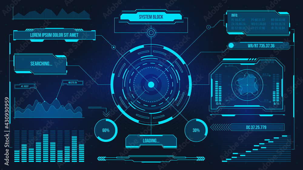 Digital user interface. Futuristic technology UI screen. Game car or spaceship dashboard. Analysis or control hologram panel vector display