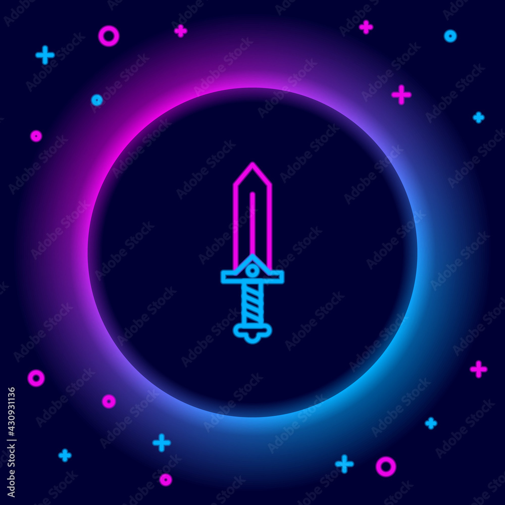 Glowing neon line Sword for game icon isolated on black background. Colorful outline concept. Vector Glowing neon line Sword for game icon isolated on black background. Colorful outline concept. Vector