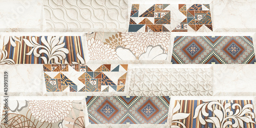 Fototapeta Naklejka Na Ścianę i Meble -  Digital Wall Tile Decor For Home, Ceramic Tile Design, Seamless colourful patchwork in Indian style, wallpaper, textile, web page background - 3D Illustration