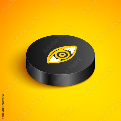 Isometric line Reddish eye due to viral, bacterial or allergic conjunctivitis icon isolated on yellow background. Black circle button. Vector