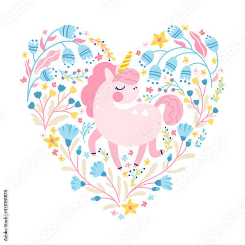 Unicorn in a flower fairy forest. Heart card frame. Vector cartoon cute characters, simple childish hand-drawn scandinavian style. The colorful baby limited palette is ideal for printing.