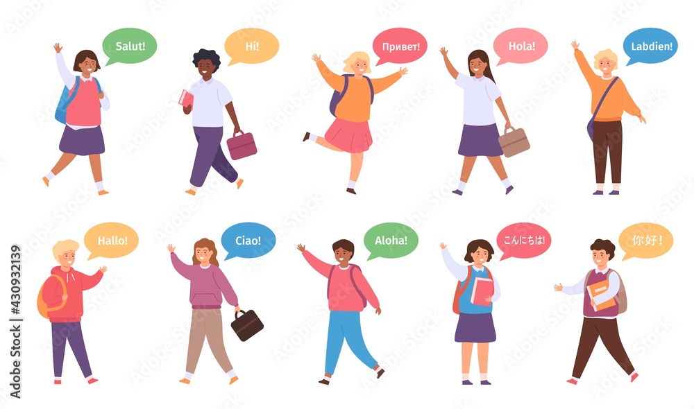 International kids say hello. Diversity school children with speech bubble on english, spanish, chinese and french. Multicultural vector set