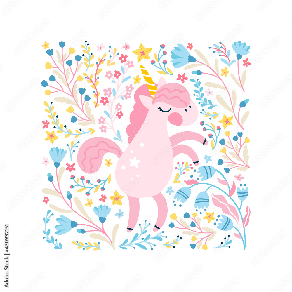 Unicorn in a flower fairy forest. Square map frame. Vector cartoon cute characters, simple childish hand-drawn scandinavian style. The colorful baby limited palette is ideal for printing.