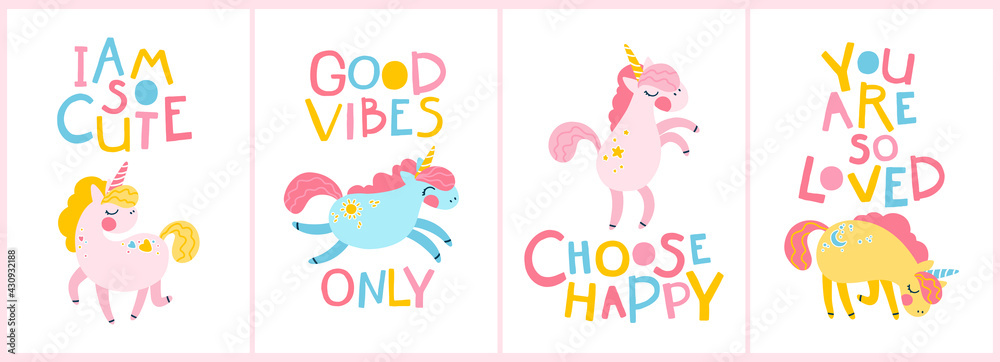 Unicorn slogan set. Letterring motivational phrase. Vector cartoon cute characters, simple childish hand-drawn scandinavian style. The colorful baby limited palette is ideal for printing.