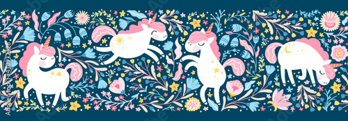 Unicorn in flower fairy forest seamless border pattern. Vector cartoon cute characters in simple childish hand-drawn scandinavian style. The colorful palette ideal for printing baby textiles, clothing