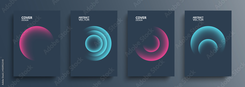 Cover templates set with vibrant gradient round shapes. Futuristic abstract backgrounds with glossy sphere for your creative graphic design. Vector illustration.