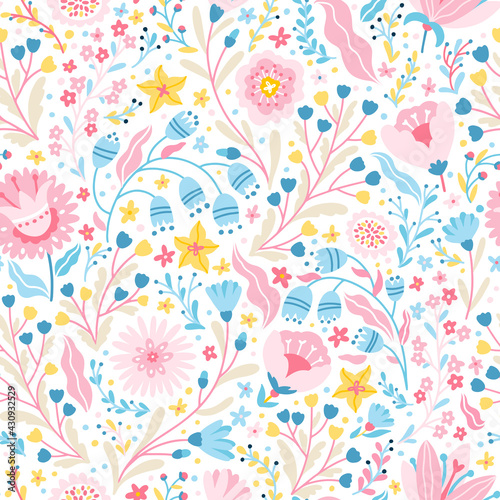 Floral fabulous seamless pattern. Vector cartoon cute flowers in simple childish hand-drawn scandinavian style. Colorful palette on white background ideal for printing baby textiles, clothing