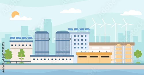 Eco friendly factory. Landscape with plant, solar panels, windmills and trees. Clean energy industry and environment ecology vector concept
