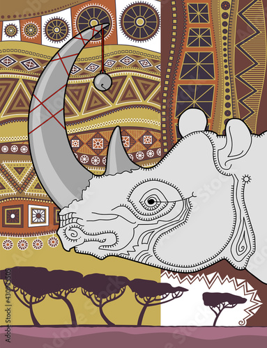 Stylized head of a rhinoceros against the background of African ornament. Brownish ocher coloring.
