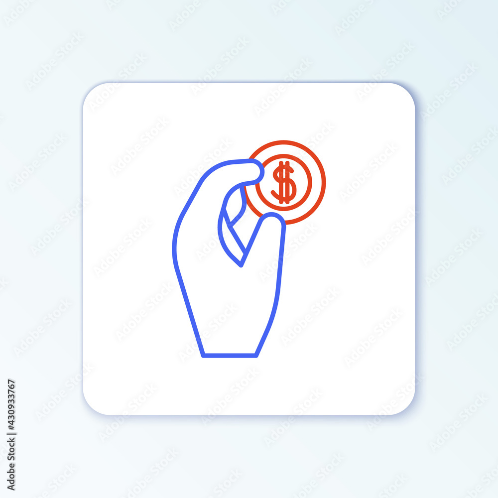 Line Hand holding coin money icon isolated on white background. Dollar or USD symbol. Cash Banking currency sign. Colorful outline concept. Vector Line Hand holding coin money icon isolated on white background. Dollar or USD symbol. Cash Banking currency sign. Colorful outline concept. Vector