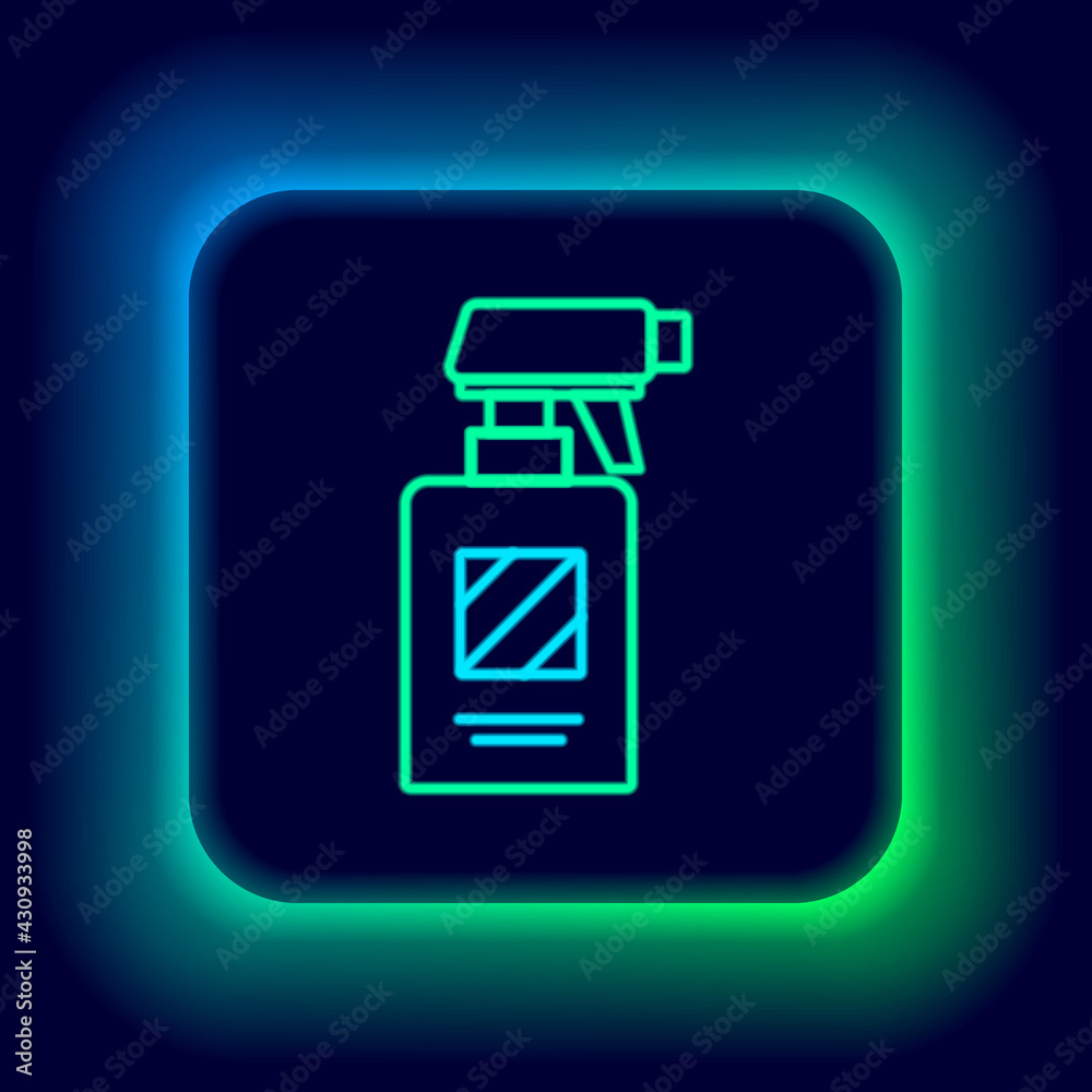 Glowing neon line Hairdresser pistol spray bottle with water icon isolated on black background. Colorful outline concept. Vector Glowing neon line Hairdresser pistol spray bottle with water icon isolated on black background. Colorful outline concept. Vector