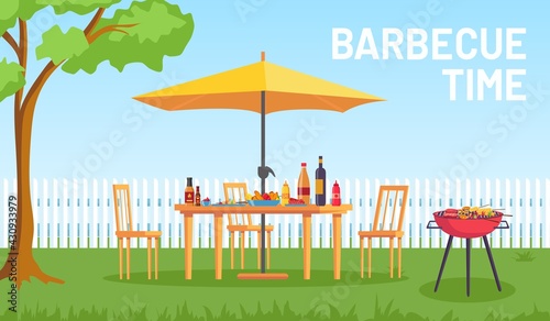 Bbq in garden. Cartoon summer outdoor backyard barbecue party with furniture, umbrella, food on grill. Home picnic in patio vector landscape