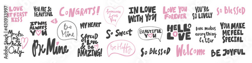 Vector hand drawn collection set of calligraphy lettering quotes and words. Pink and black color