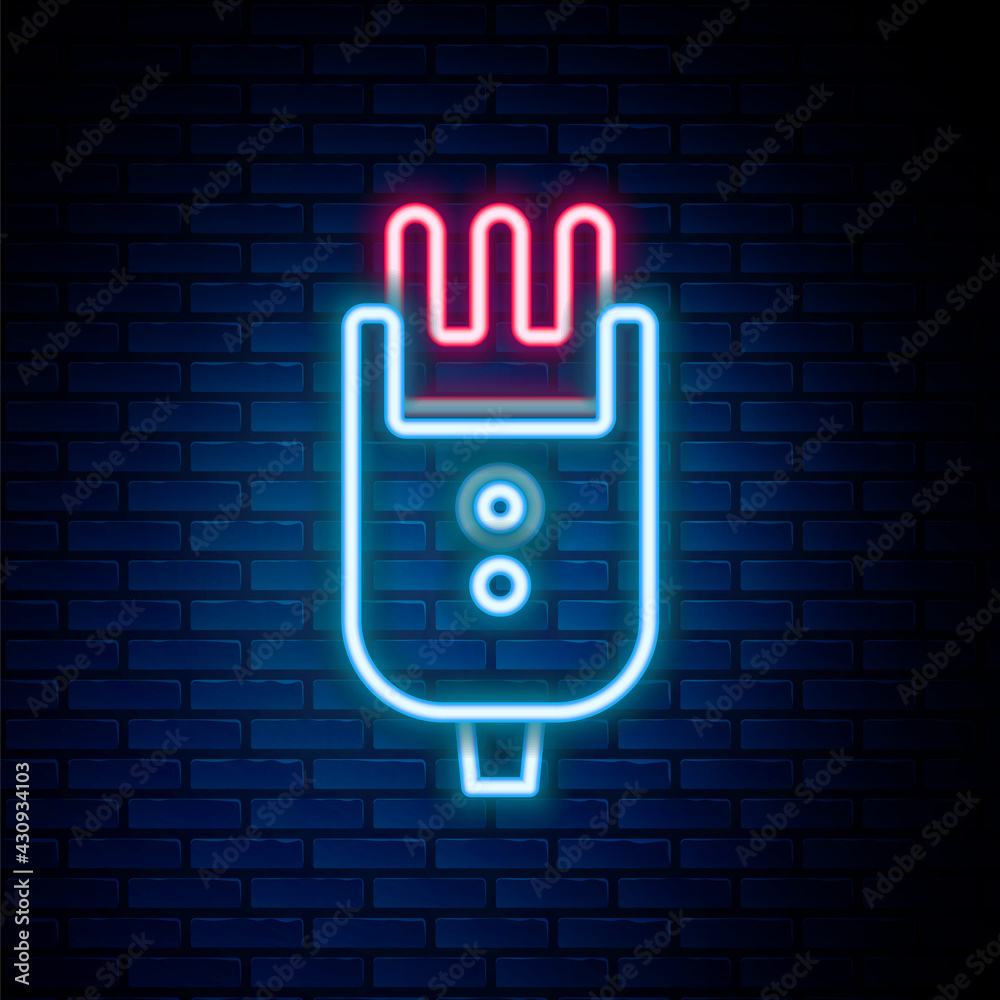 Glowing neon line Electrical hair clipper or shaver icon isolated on brick wall background. Barbershop symbol. Colorful outline concept. Vector Glowing neon line Electrical hair clipper or shaver icon isolated on brick wall background. Barbershop symbol. Colorful outline concept. Vector