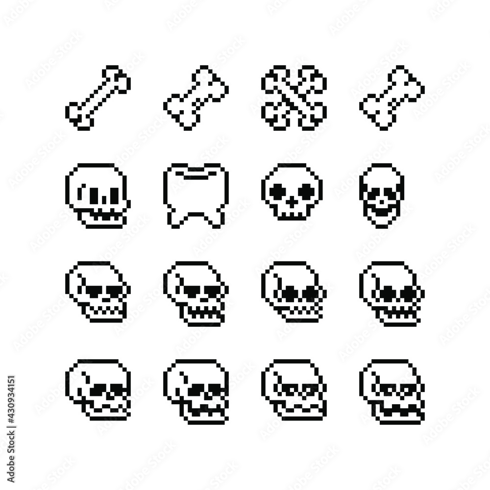 1bit bones pixel art icons, grave and skull. Design for logo game, Halloween greeting card, sticker, web, mobile app, badges and patches. Isolated vector illustration. Game assets. 1bit bones pixel art icons, grave and skull. Design for logo game, Halloween greeting card, sticker, web, mobile app, badges and patches. Isolated vector illustration. Game assets.