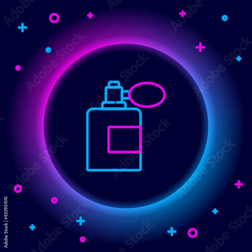 Glowing neon line Aftershave bottle with atomizer icon isolated on black background. Cologne spray icon. Male perfume bottle. Colorful outline concept. Vector