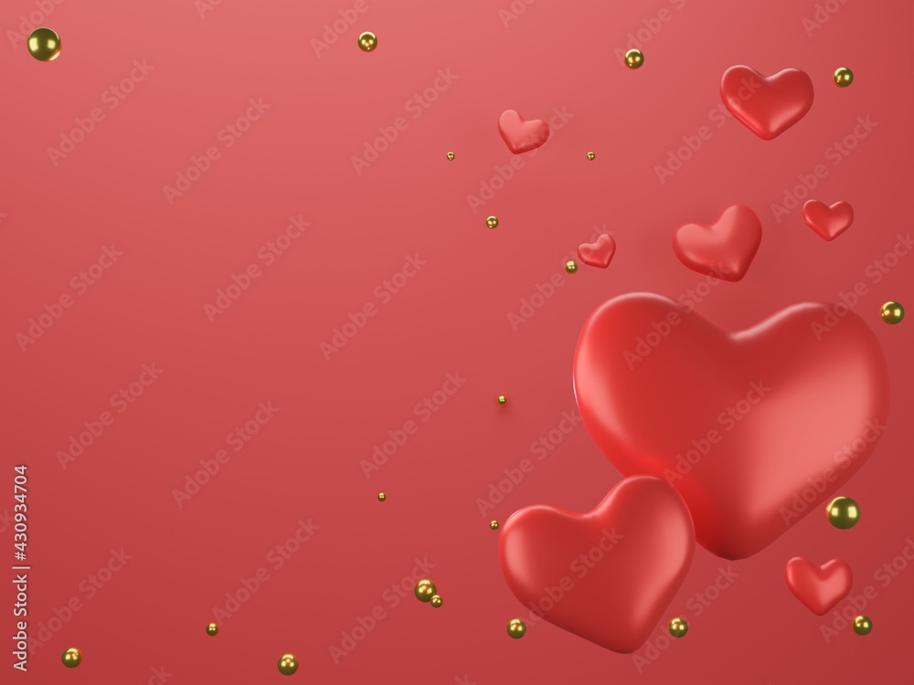 Red background There are many red hearts. 3d and a golden ball There is a space to add data to render 3d.