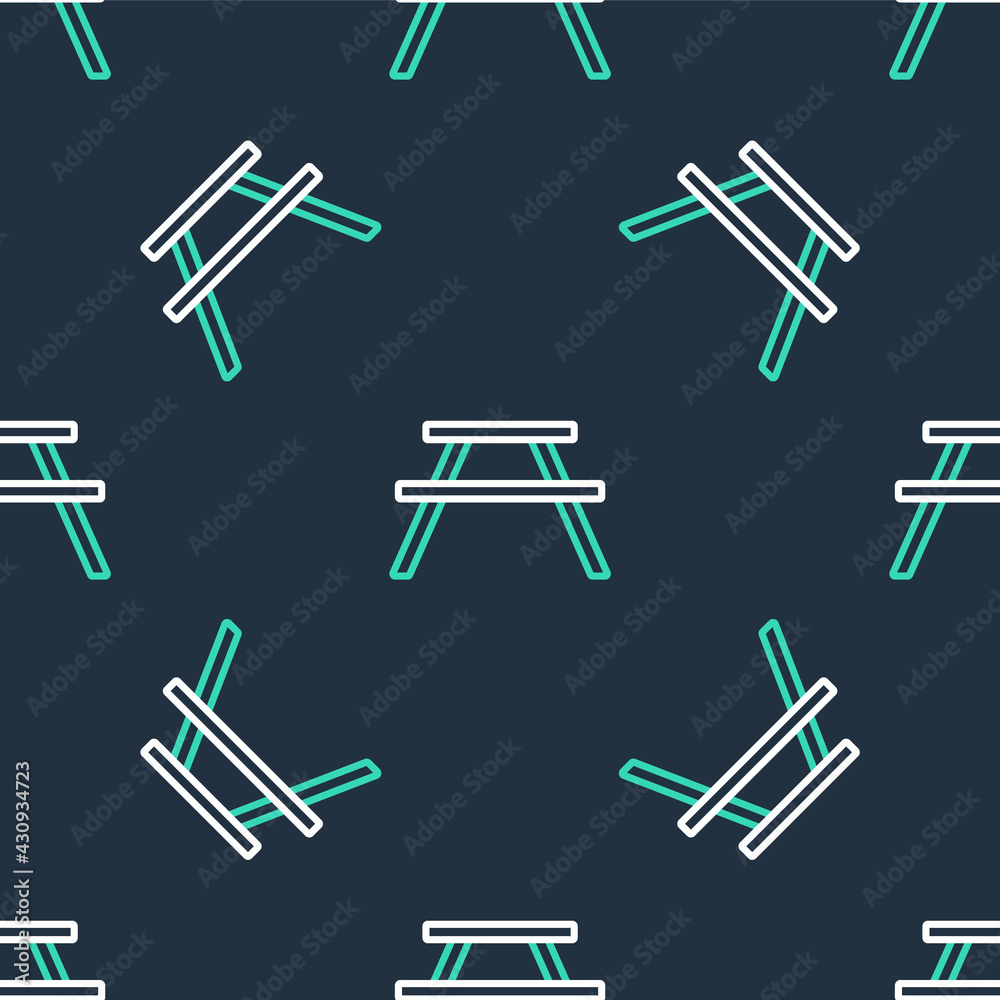 Line Picnic table with benches on either side of the table icon isolated seamless pattern on black background. Vector Line Picnic table with benches on either side of the table icon isolated seamless pattern on black background. Vector