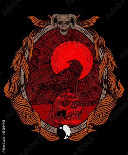 illustration vector gothic crow bird with skull on vintage engraving ornament