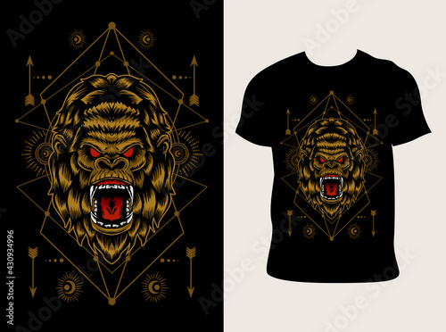 Photography illustration vector gorilla head with t shirt design