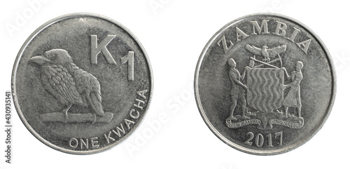 Zambia one kwacha coin on a white isolated background