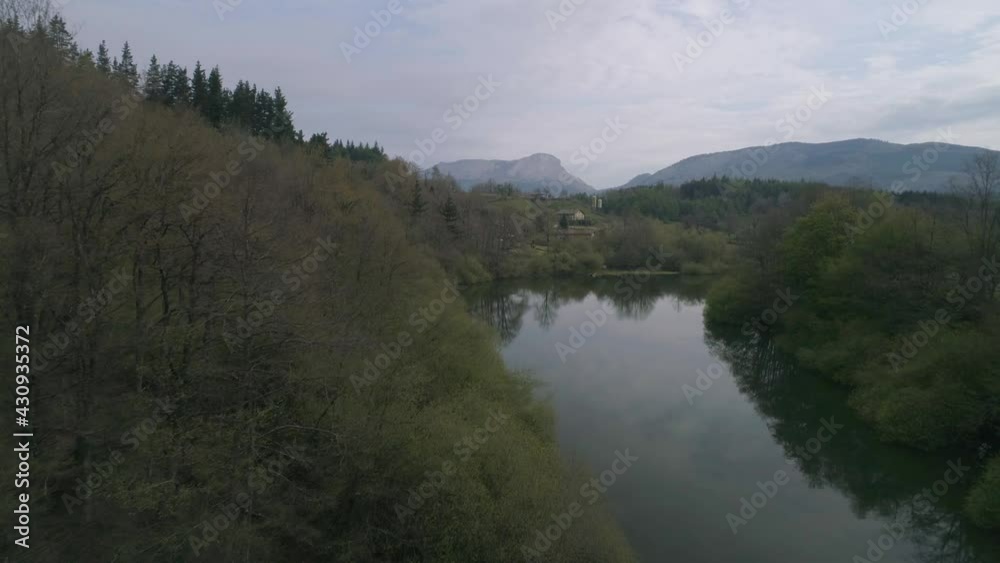 Calm Waters Of The Lake With Lush Vegetation Reflecting On Water - aerial drone shot
