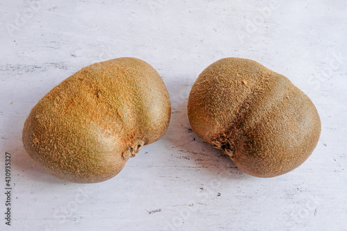 Ugly organic fruit-two oddly shaped kiwi fruit on a gray background. Horizontal orientation. Buying imperfect foods is a way to deal with food waste.