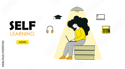 Self-study in flat style. Flat vector landing page template. School, education, study, learning concept. Home office.