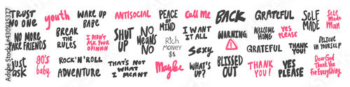 Vector hand drawn collection set of calligraphy lettering quotes and words. Pink and black color