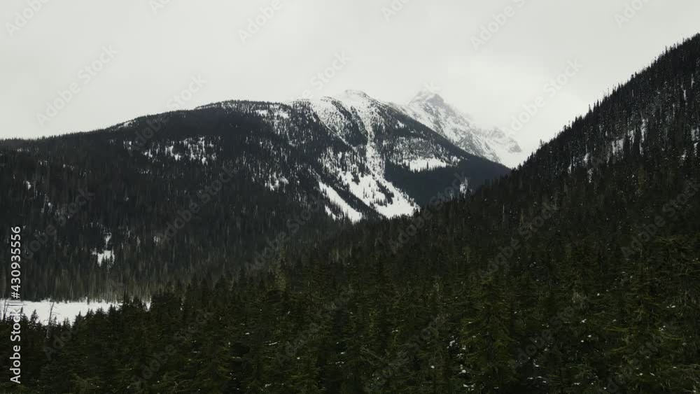 Establishing aerial drone shot of trees and mountain landscape at Duffey Lake in British Columbia, Canada. Establishing aerial drone shot of trees and mountain landscape at Duffey Lake in British Columbia, Canada.
