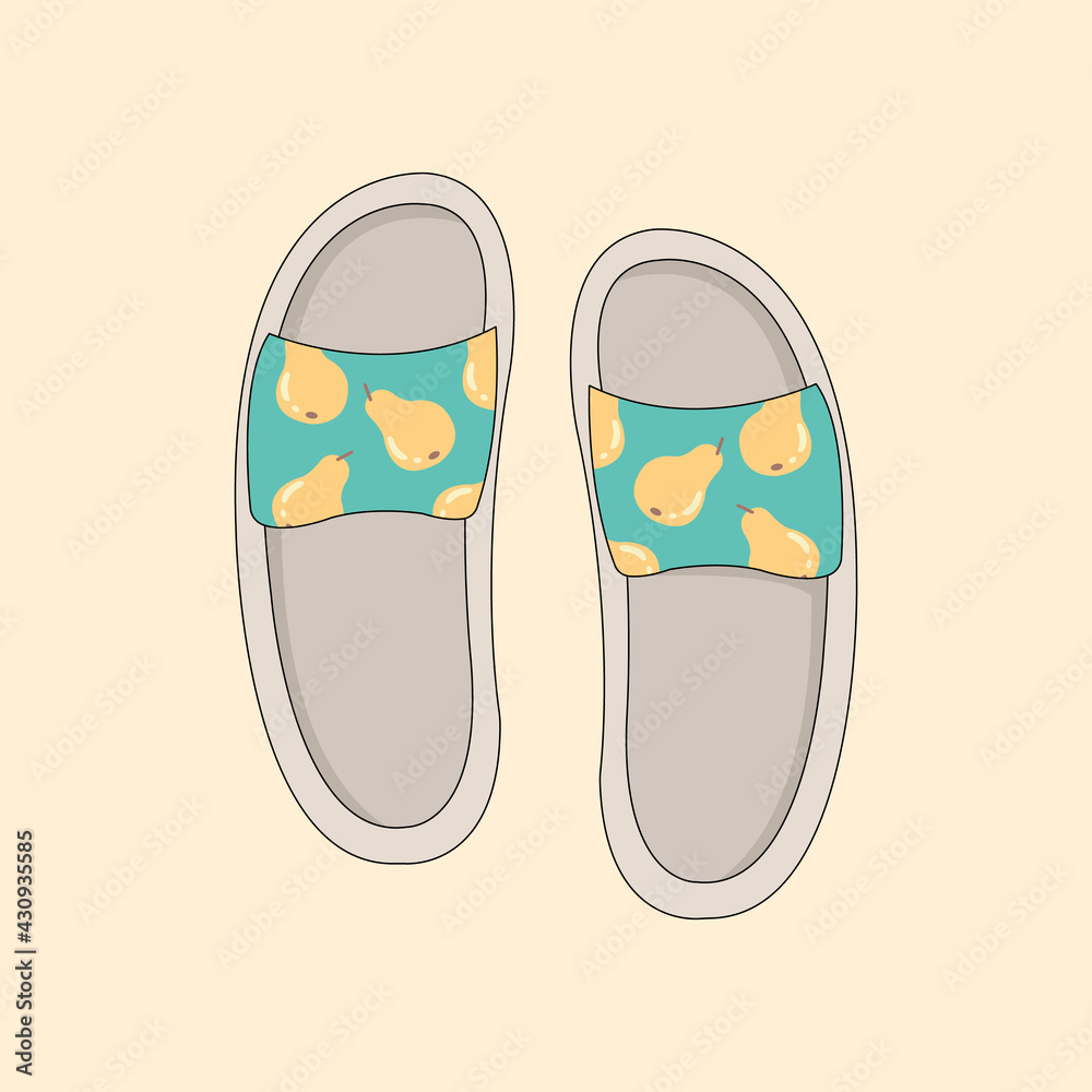 Doodle flip flops isolated illustration. Cute flip flops vector icon with pears print. flip flops with pears pattern on a yellow background. 