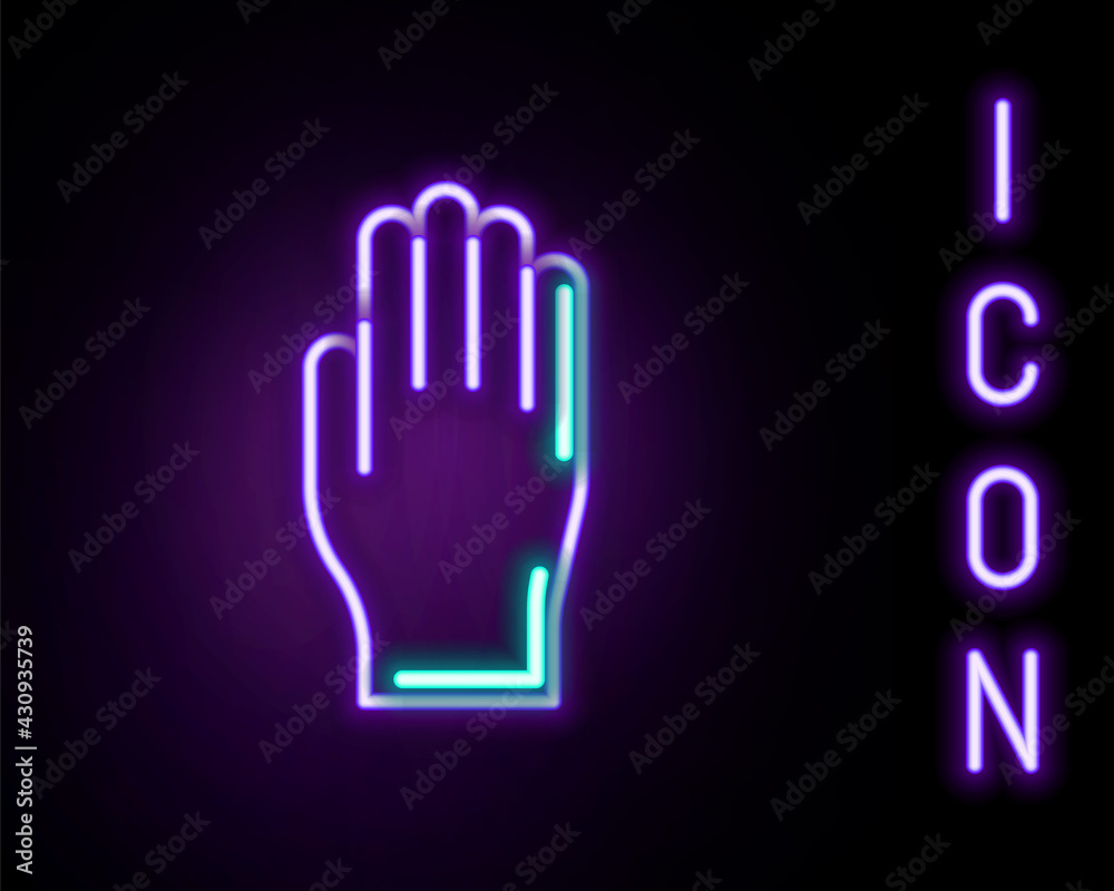 Glowing neon line Medical rubber gloves icon isolated on black background. Protective rubber gloves. Colorful outline concept. Vector Glowing neon line Medical rubber gloves icon isolated on black background. Protective rubber gloves. Colorful outline concept. Vector