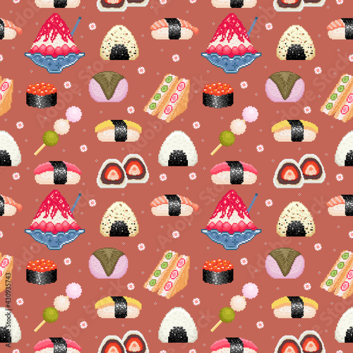 Pixel art sushi seamless pattern. Pixel japanese cuisine retro background. 8 bit cute seamless pattern with sushi, onigiri, dango and mochi. Retro gaming pixel sushi and other Japanese food ornament.