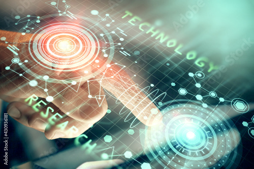 Wallpaper Mural Multi exposure of man's hand holding and using a digital device and data theme drawing. Innovation concept. Torontodigital.ca