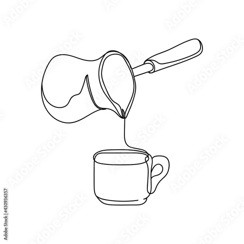 Continuous one line of freshly brewed coffee a turk for brewing in silhouette. Minimal style. Perfect for cards, party invitations, posters, stickers, clothing.