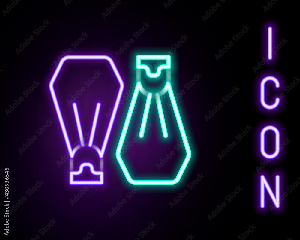 Glowing neon line Rubber flippers for swimming icon isolated on black background. Diving equipment. Extreme sport. Sport equipment. Colorful outline concept. Vector