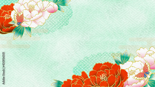 Fototapeta Naklejka Na Ścianę i Meble -  牡丹の花の友禅柄風　コピースペースあり
