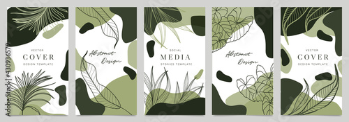 Cover templates vector set. Social media background design with floral and hand drawn organic shapes textures. Abstract minimal trendy style wallpaper. Vector illustration.