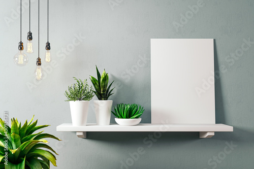 3d render of mock wall with home plants and blamk frame photo