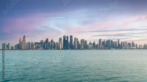 The skyline of Doha, Qatar during Sunrise