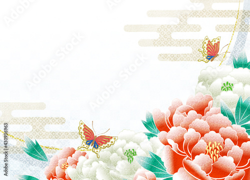 牡丹の花の友禅柄風　コピースペースあり