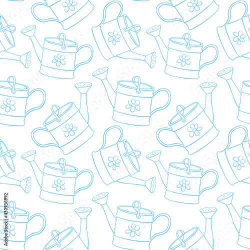 Seamless pattern with watering cans. Hand drawn outline vector background and texture in doodle style, isolated. Gardening tools for working in the garden, on the farm, in the dacha, country site
