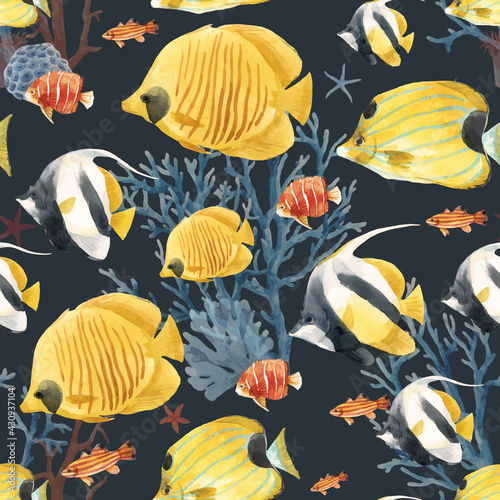 Beautiful vector seamless underwater pattern with cute watercolor colorful fish. Stock illustration.