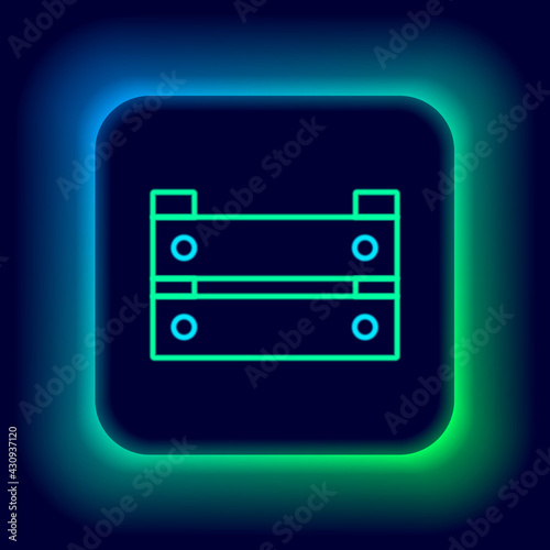 Glowing neon line Wooden box icon isolated on black background. Grocery basket, storehouse crate. Empty wooden container for vegetables, products. Colorful outline concept. Vector