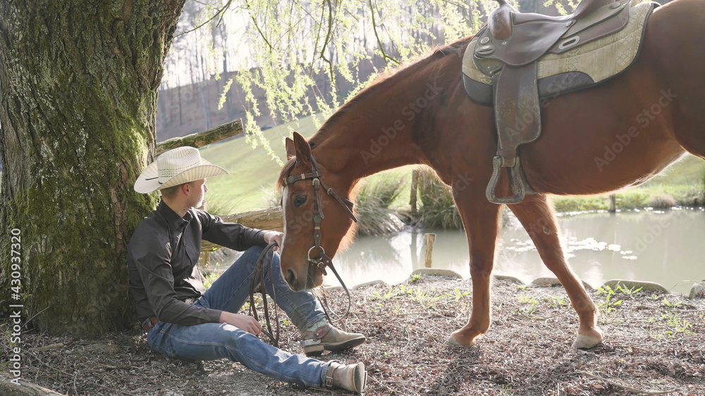 Obraz premium Cowboy and horse enjoy time by the lake under a tree